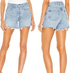 Agolde Light Blue Wash Distressed Parker Long Denim Shorts in Swapmeet - 31